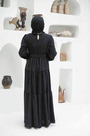 Neva Style - Kemerli Siyah Tesettür Elbise 13024S - Thumbnail