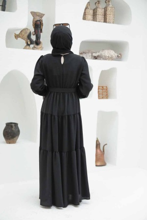 Neva Style - Kemerli Siyah Tesettür Elbise 13024S - 2