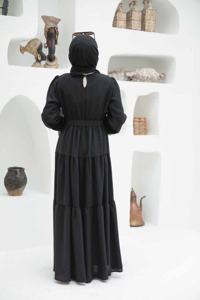 Neva Style - Kemerli Siyah Tesettür Elbise 13024S - 2