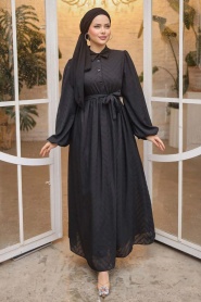 Neva Style - Kemerli Siyah Tesettür Elbise 14121S - Thumbnail