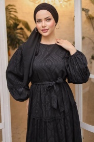 Neva Style - Kemerli Siyah Tesettür Elbise 14131S - Thumbnail