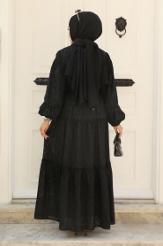 Neva Style - Kemerli Siyah Tesettür Elbise 14131S - Thumbnail