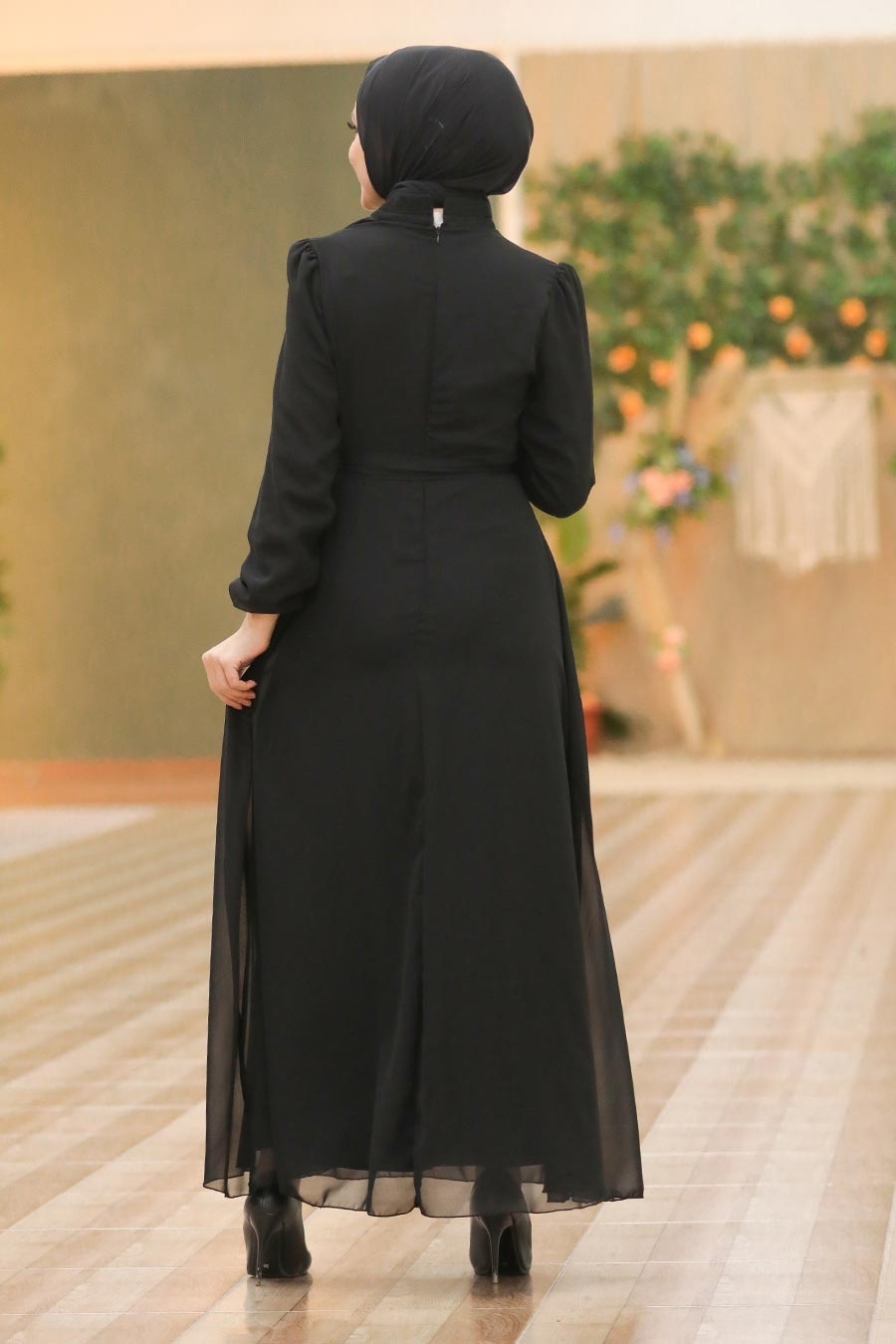 Neva Style - Kemerli Siyah Tesettür Elbise 27922S