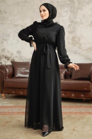 Neva Style - Kemerli Siyah Tesettür Elbise 2971S - Thumbnail