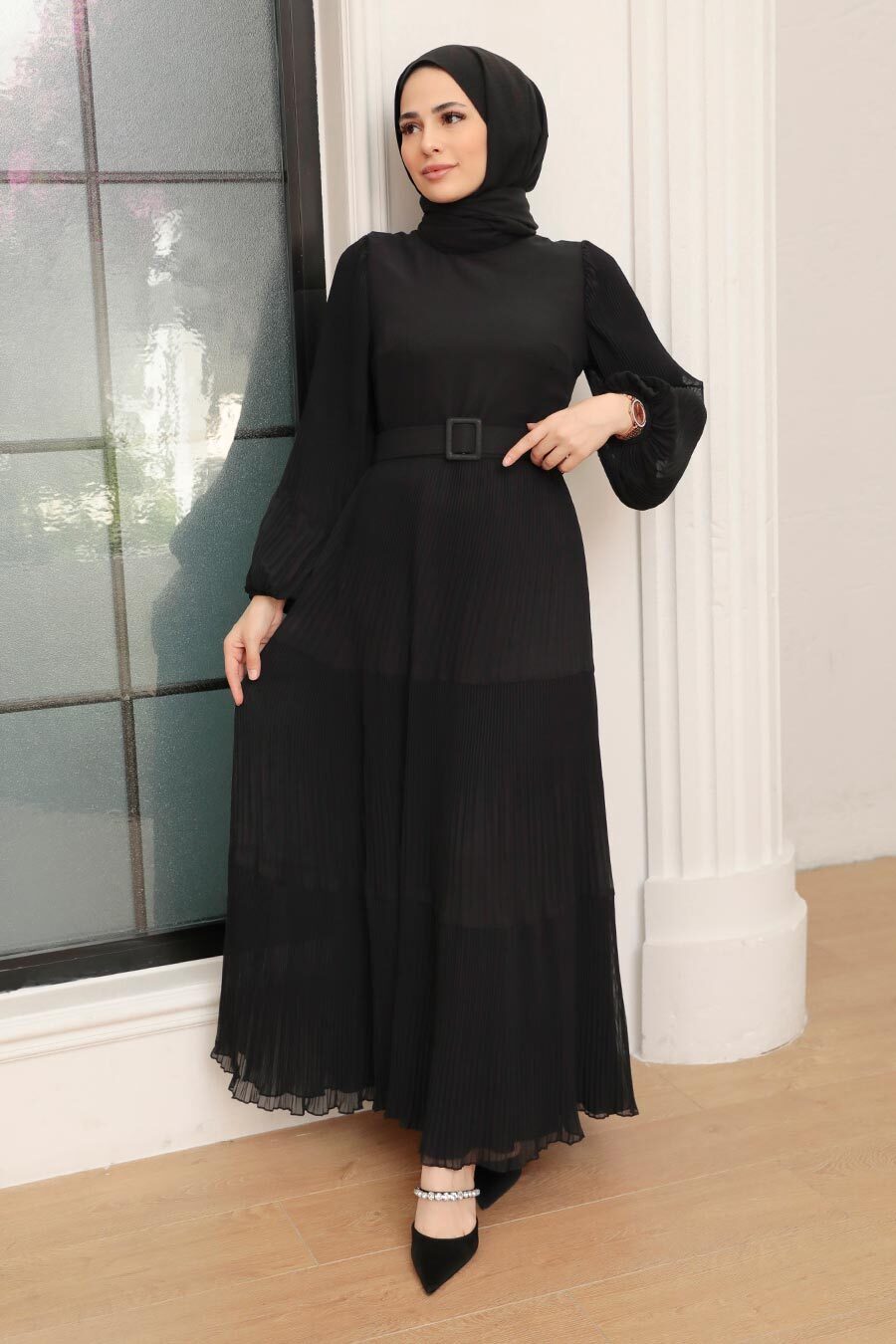 Neva Style - Kemerli Siyah Tesettür Elbise 3590S