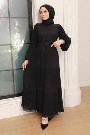 Neva Style - Kemerli Siyah Tesettür Elbise 3590S - Thumbnail