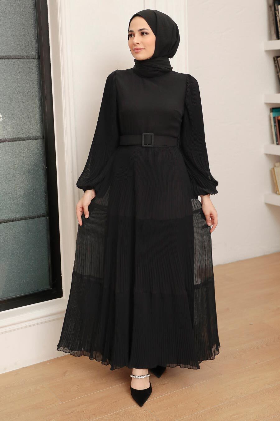 Neva Style - Kemerli Siyah Tesettür Elbise 3590S