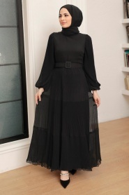 Neva Style - Kemerli Siyah Tesettür Elbise 3590S - Thumbnail