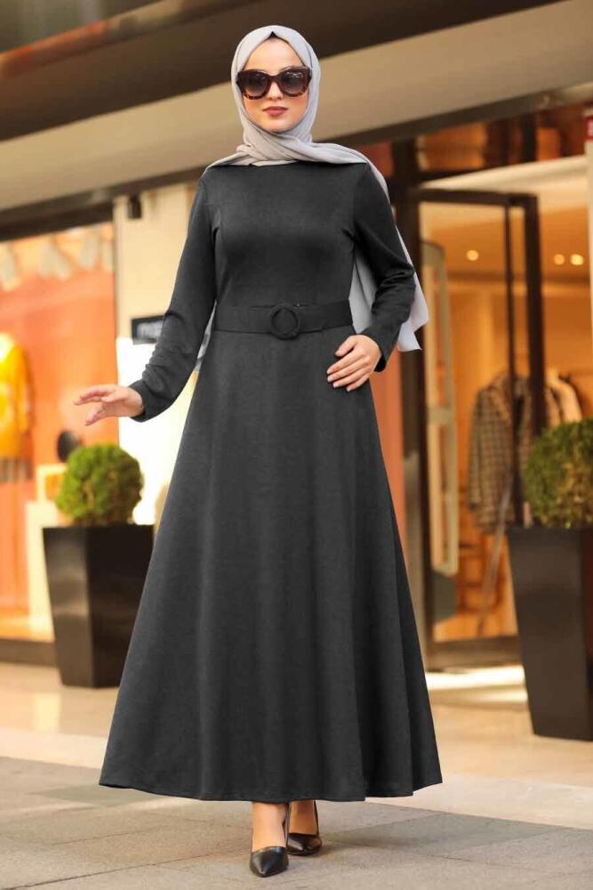 Neva Style - Kemerli Siyah Tesettür Elbise 5062S - 1