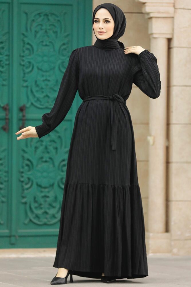Neva Style - Kemerli Siyah Tesettür Elbise 5193S - 2