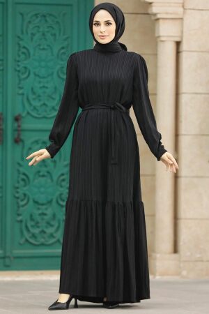Neva Style - Kemerli Siyah Tesettür Elbise 5193S - 1