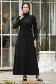 Neva Style - Kemerli Siyah Tesettür Elbise 554S - Thumbnail