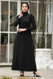 Neva Style - Kemerli Siyah Tesettür Elbise 554S - Thumbnail