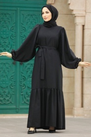 Neva Style - Kemerli Siyah Tesettür Elbise 57350S - Thumbnail