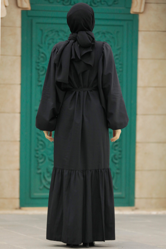Neva Style - Kemerli Siyah Tesettür Elbise 57350S - 3