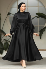 Neva Style - Kemerli Siyah Tesettür Elbise 5931S - Thumbnail