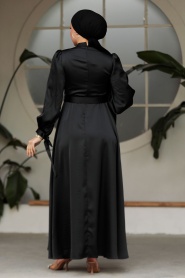 Neva Style - Kemerli Siyah Tesettür Elbise 5931S - Thumbnail