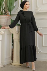 Neva Style - Kemerli Siyah Tesettür Elbise 659S - Thumbnail