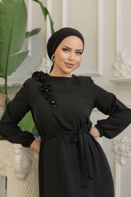 Neva Style - Kemerli Siyah Tesettür Elbise 659S - Thumbnail