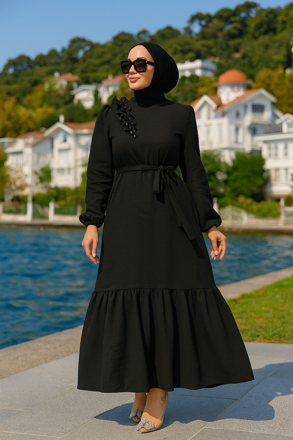  Kemerli Siyah Tesettür Elbise 659S