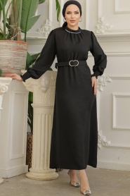 Neva Style - Kemerli Siyah Tesettür Elbise 661S - Thumbnail