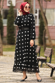 Neva Style - Kemerli Siyah Tesettür Elbise 8725S - Thumbnail