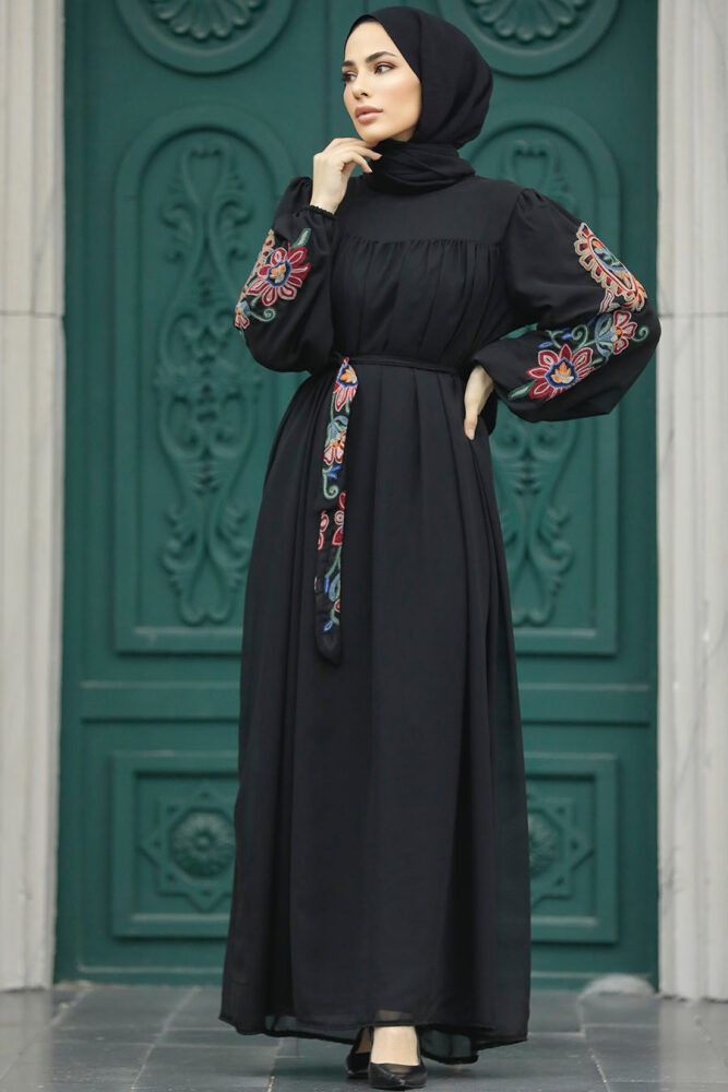 Neva Style - Kemerli Siyah Tesettür Elbise 8889S - 1