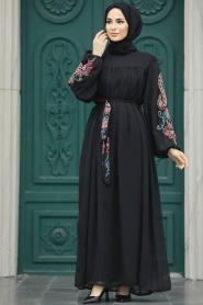 Neva Style - Kemerli Siyah Tesettür Elbise 8889S - Thumbnail