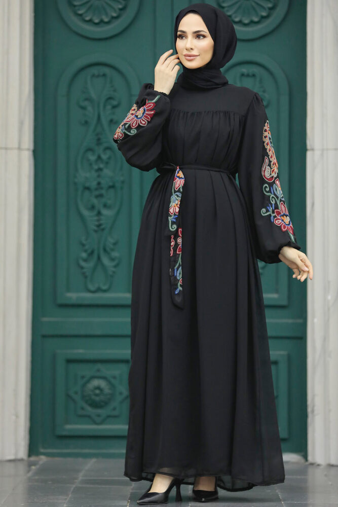 Neva Style - Kemerli Siyah Tesettür Elbise 8889S - 2
