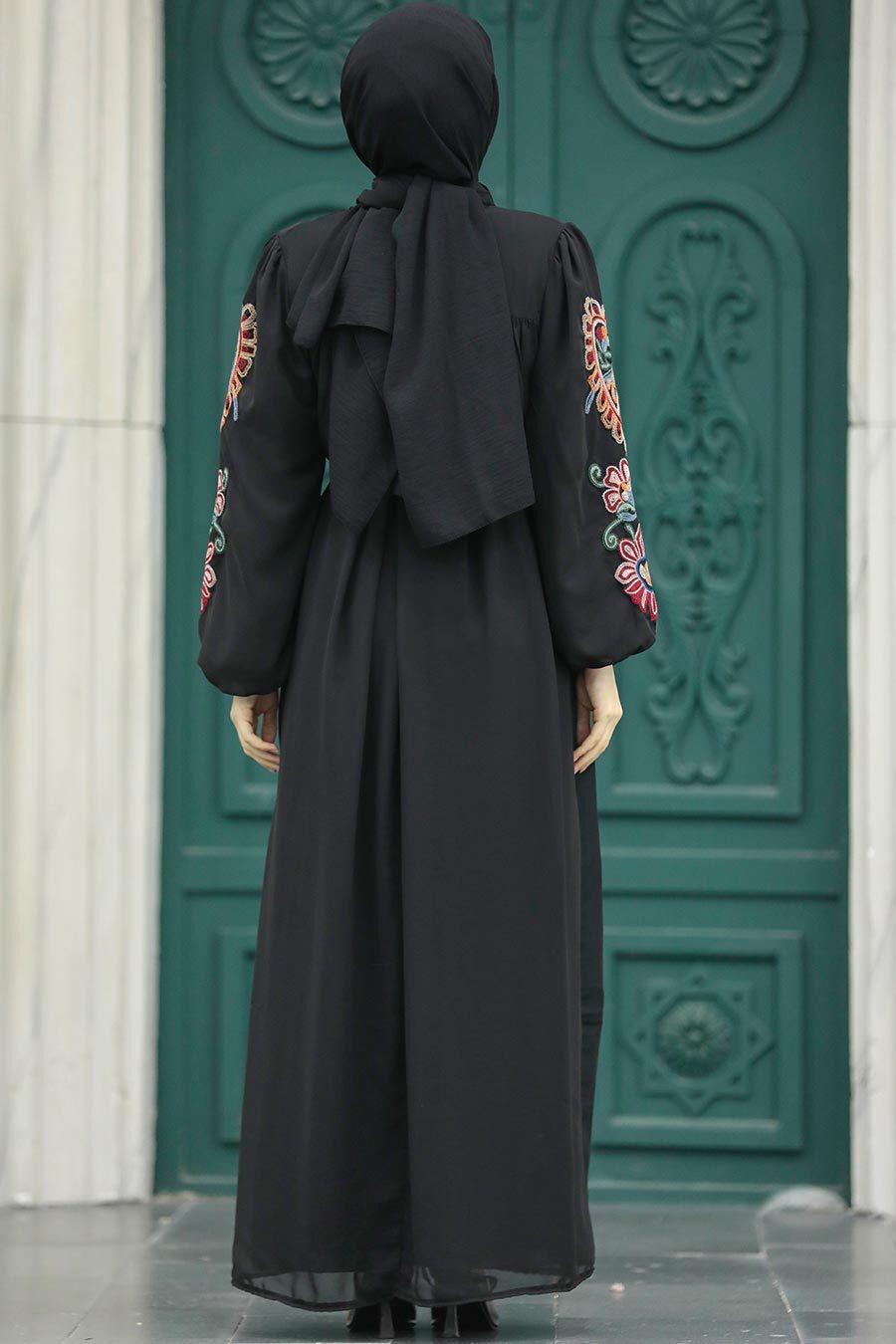 Neva Style - Kemerli Siyah Tesettür Elbise 8889S