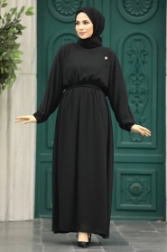 Neva Style - Kemerli Siyah Tesettür Elbise 89621S - Thumbnail