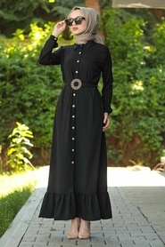 Neva Style - Kemerli Siyah Tesettür Elbise 9057S - Thumbnail