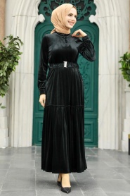 Neva Style - Kemerli Siyah Tesettür Kadife Elbise 36971S - Thumbnail