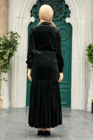 Neva Style - Kemerli Siyah Tesettür Kadife Elbise 36971S - Thumbnail