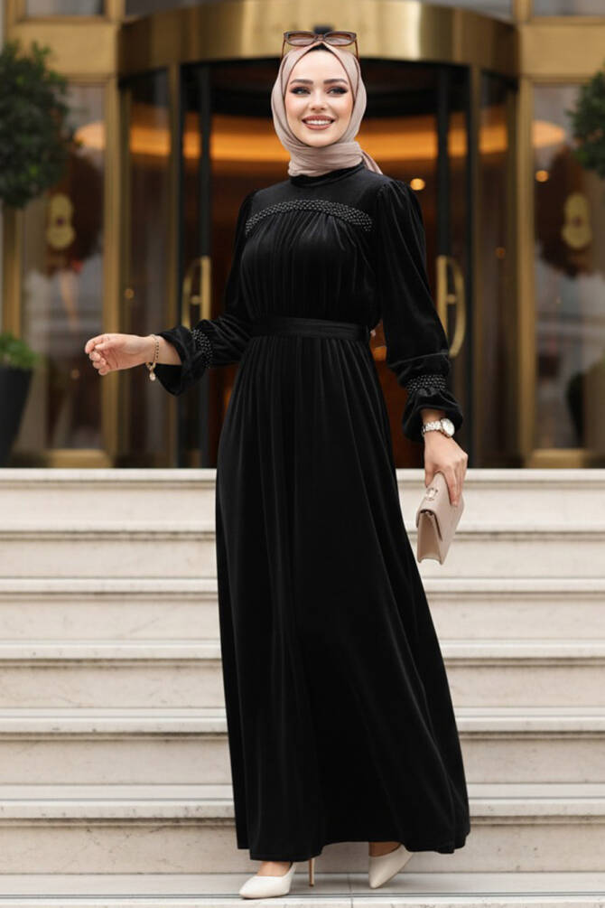  Kemerli Siyah Tesettür Kadife Elbise 37291S - 1