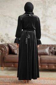 Neva Style - Kemerli Siyah Tesettür Kadife Elbise 37291S - Thumbnail