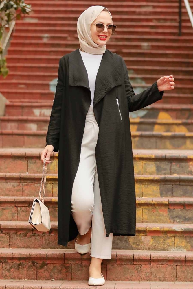 Neva Style - Kemerli Siyah Tesettür Kap 41102S - 2