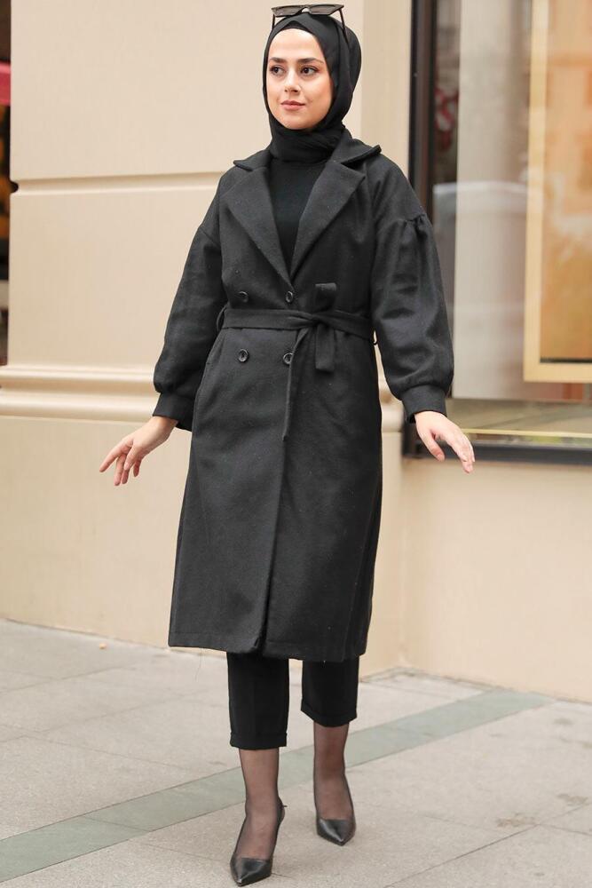 Neva Style - Kemerli Siyah Tesettür Kaşe Kap 5802S - 5
