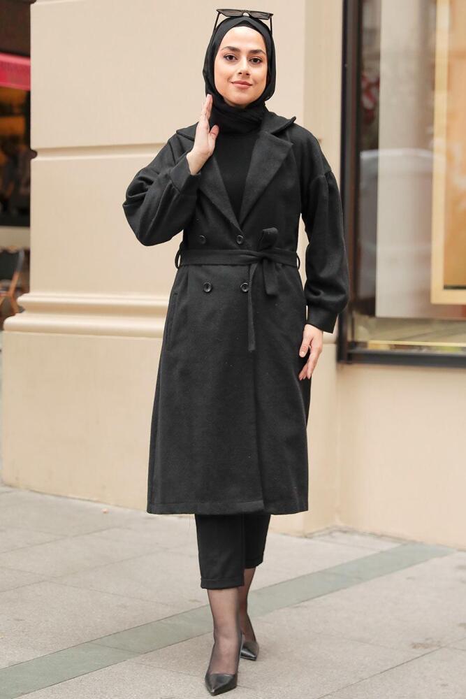 Neva Style - Kemerli Siyah Tesettür Kaşe Kap 5802S - 6