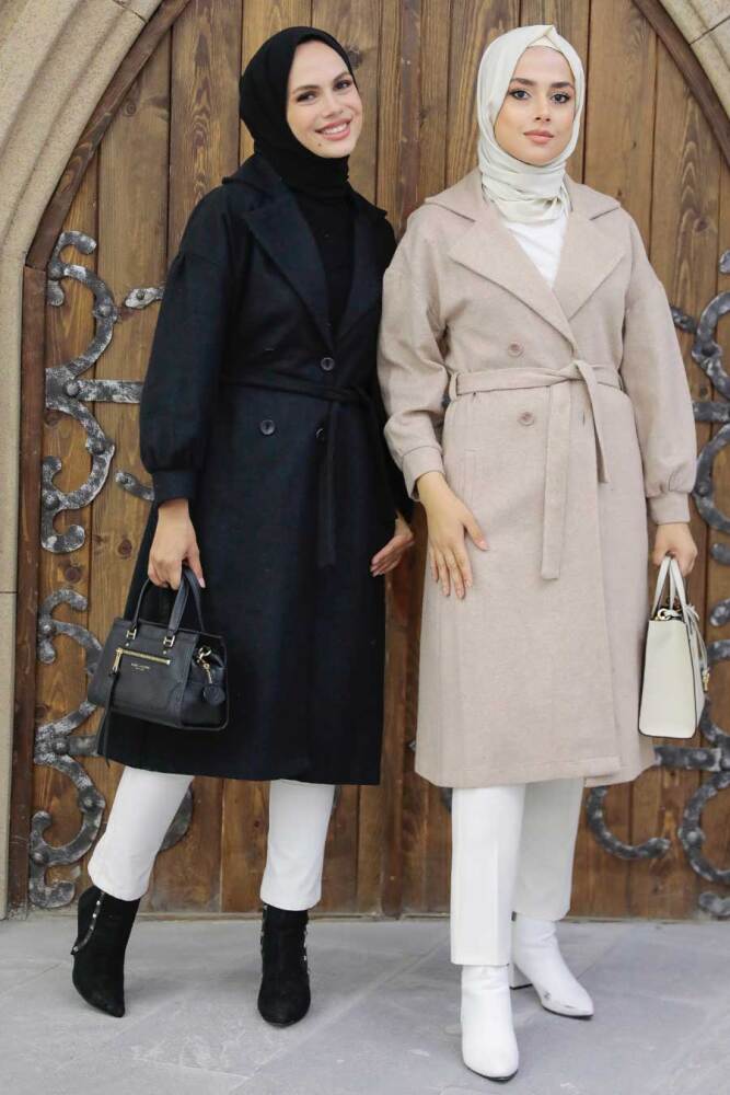 Neva Style - Kemerli Siyah Tesettür Kaşe Kap 5802S - 3