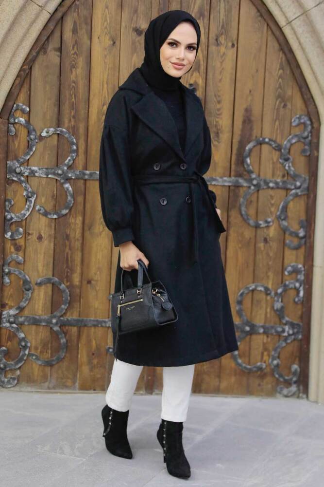 Neva Style - Kemerli Siyah Tesettür Kaşe Kap 5802S - 2