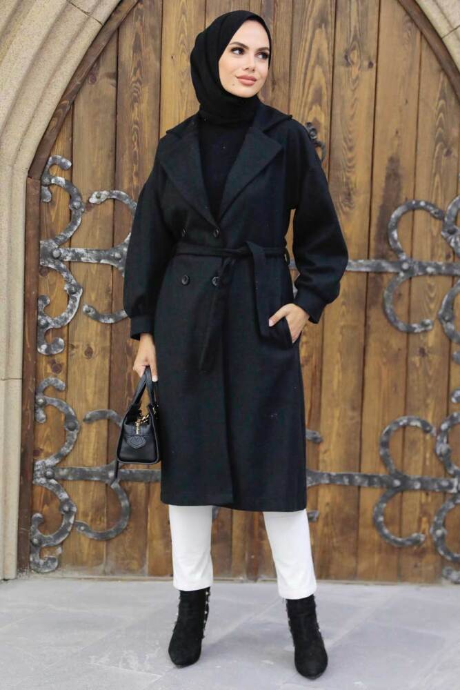 Neva Style - Kemerli Siyah Tesettür Kaşe Kap 5802S - NEVA STYLE