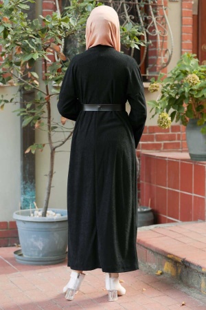 Neva Style - Kemerli Siyah Tesettür Triko Elbise 5190S - 3