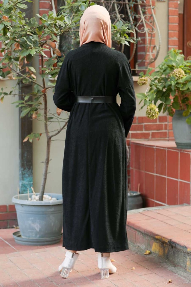 Neva Style - Kemerli Siyah Tesettür Triko Elbise 5190S - 3