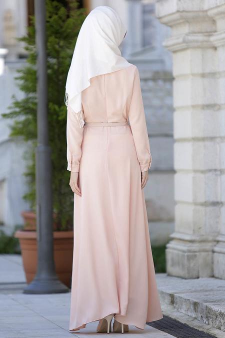 Neva Style - Kemerli Somon Elbise - 3