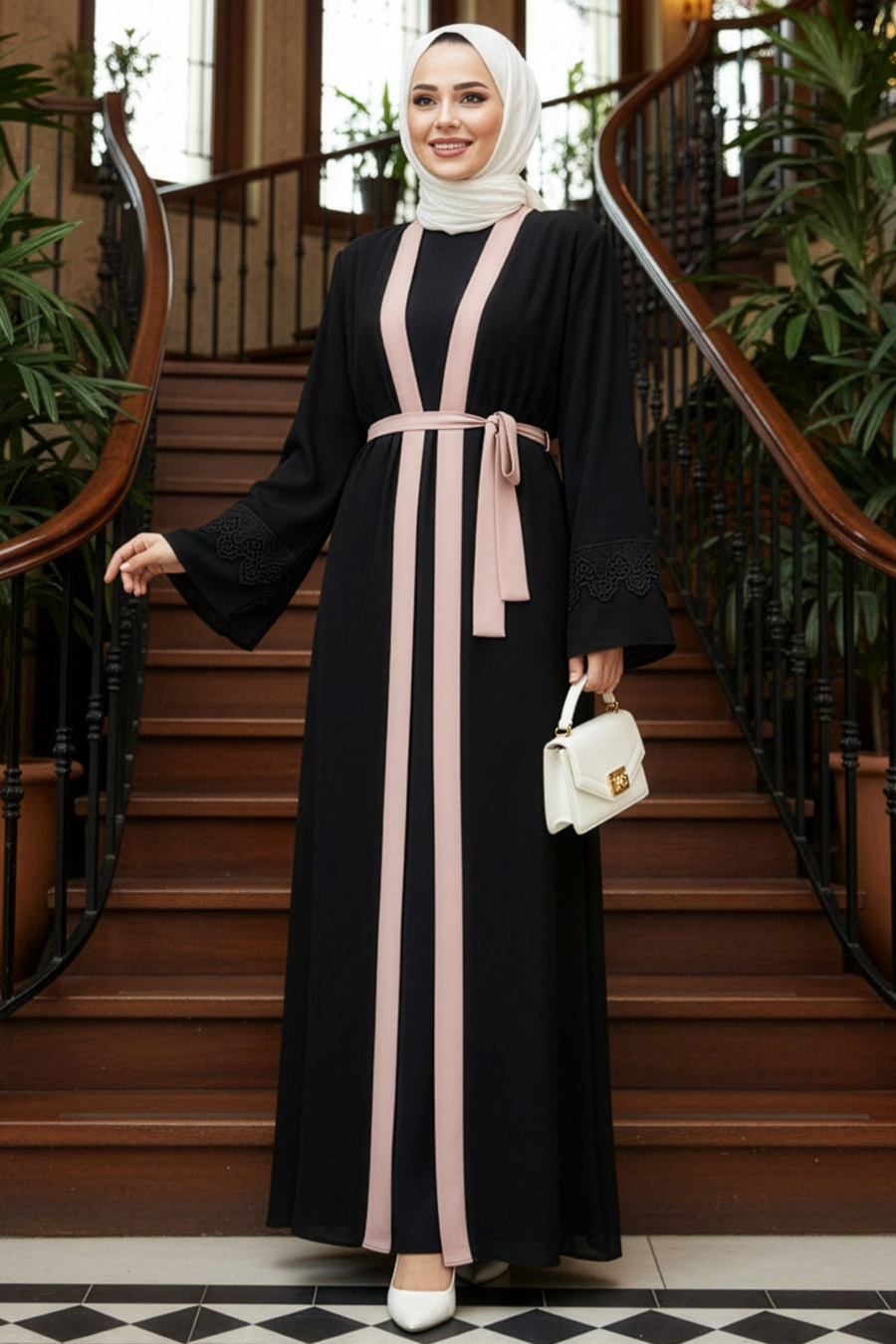  Kemerli Somon Tesettür Abaya 55440SMN