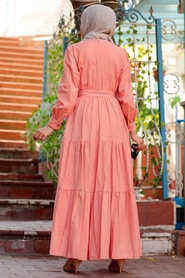 Neva Style - Kemerli Somon Tesettür Elbise 23540SMN - Thumbnail