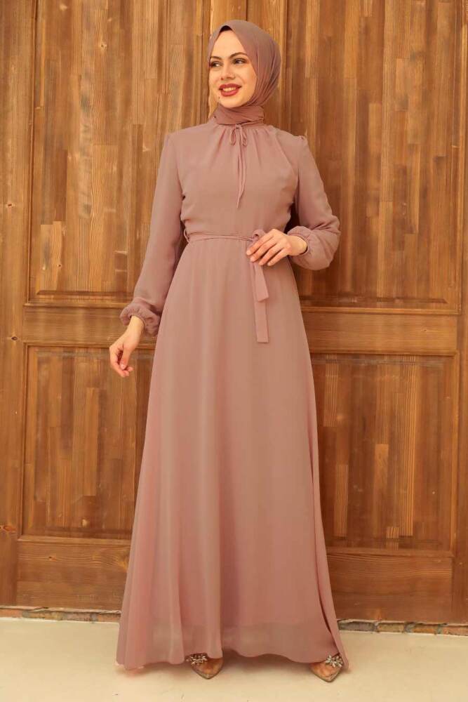 Neva Style - Kemerli Somon Tesettür Elbise 27922SMN - 1