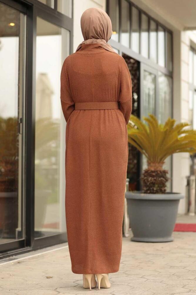 Neva Style - Kemerli Taba Tesettür Elbise 12015TB - 3