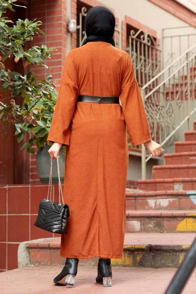 Neva Style - Kemerli Taba Tesettür Triko Elbise 5190TB - 2
